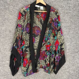 Units Top Women 1X Plus Black Floral Open Front Long Sleeve Breathable Casual